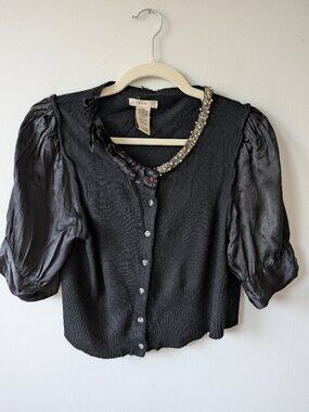 SUKI Black Cashmere Angora Silk Cardigan Size L Beaded Puff Sleeve